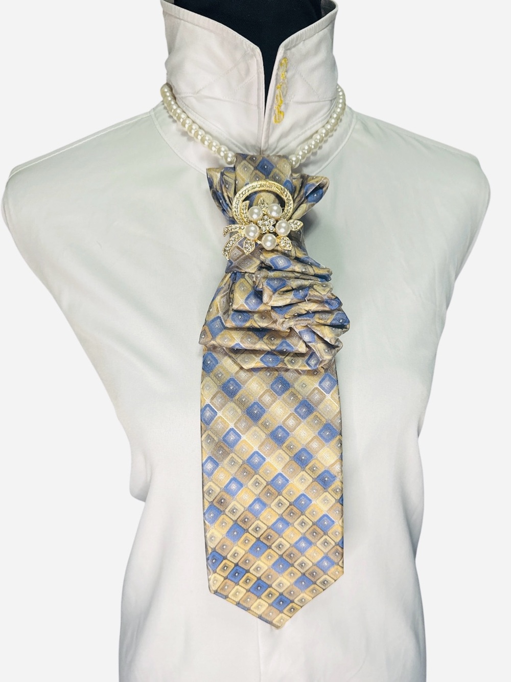 Van Heusen Blue and Gold Cravat Necktie with Pearl & Rhinestone Brooch
